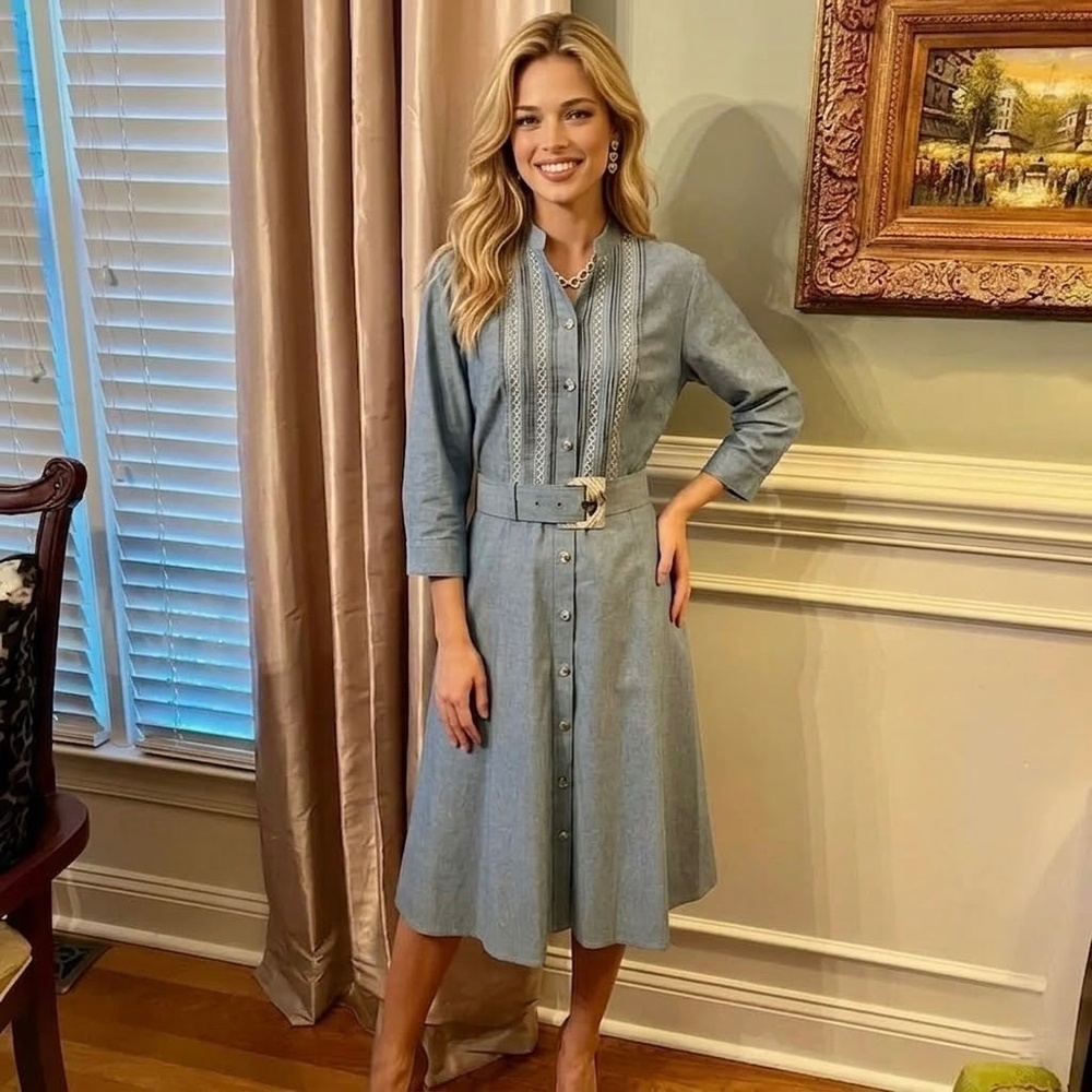 NWOT Lafayette 148 Embroidered‎ Cotton Chambray Midi Shirtdress Shirt Dress 10